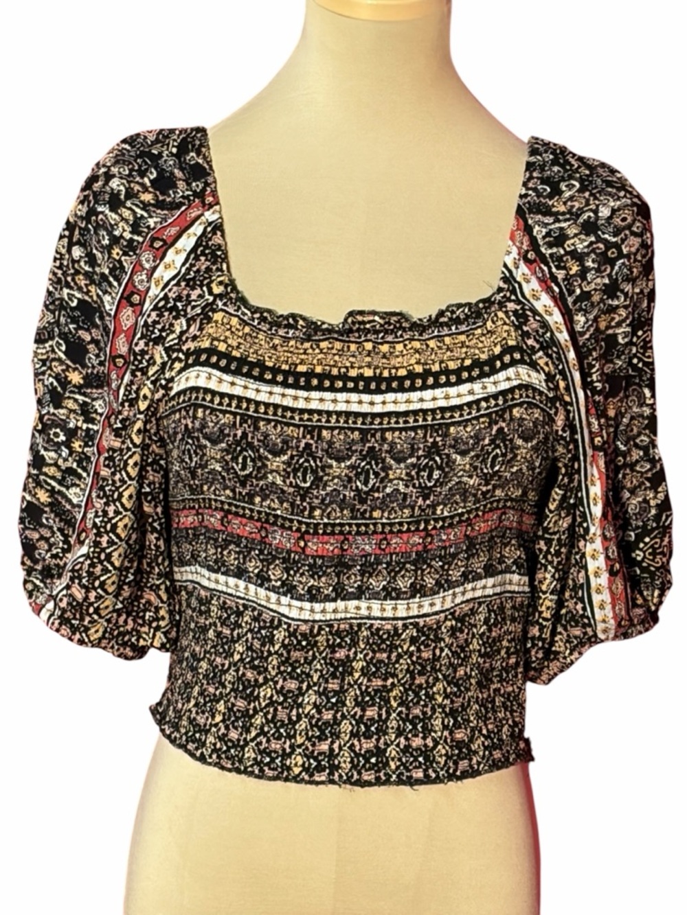 Willow Root Boho Smocked Crop Top Black Floral Paisley Size Small